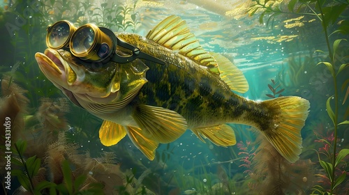 A whimsical walleye fish wearing a monocle looks sophisticated as it swims gracefully in its freshwater habitat. photo