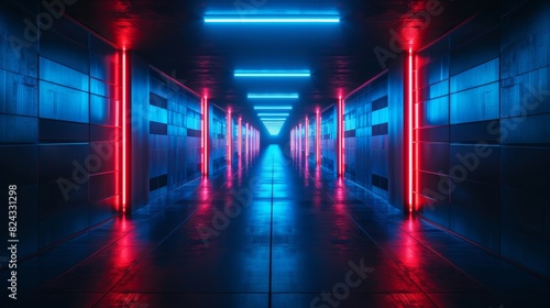 Neonlit dark corridor, futuristic space, blue and red lights, empty modern design, AI generated © Seksan
