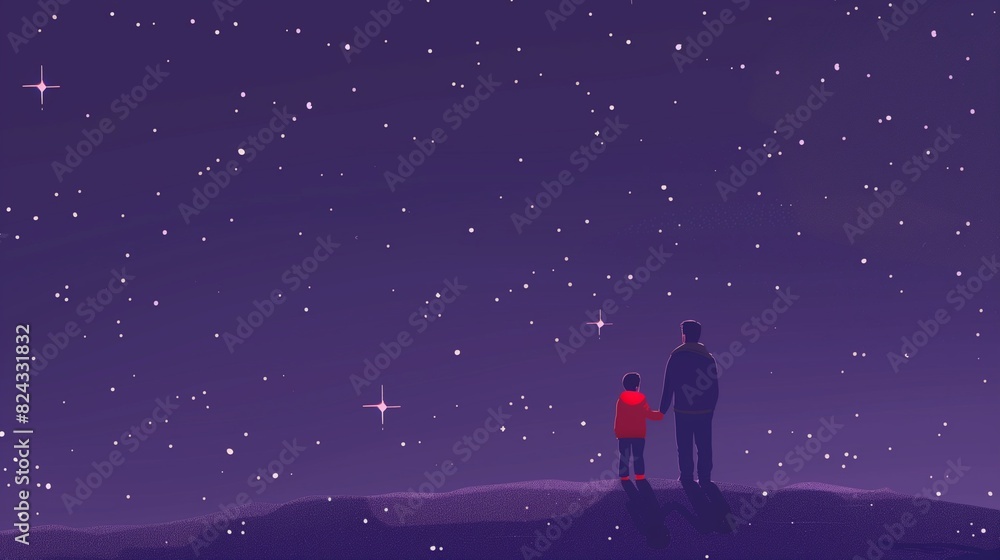 Father and child watching stars, minimalist style, dark violet sky with twinkling stars Father and child watching stars, minimalist style, dark violet sky with twinkling stars