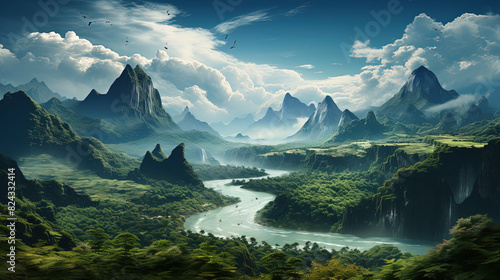 Contemporary Mountains Front Flowing River Alps Landscape Background
