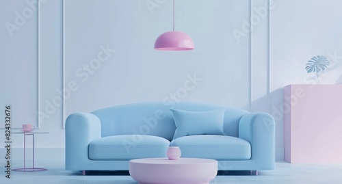 Minimalist interior design of a modern living room with a pastel blue sofa  white walls and a pink pendant lamp over a coffee table on the floor