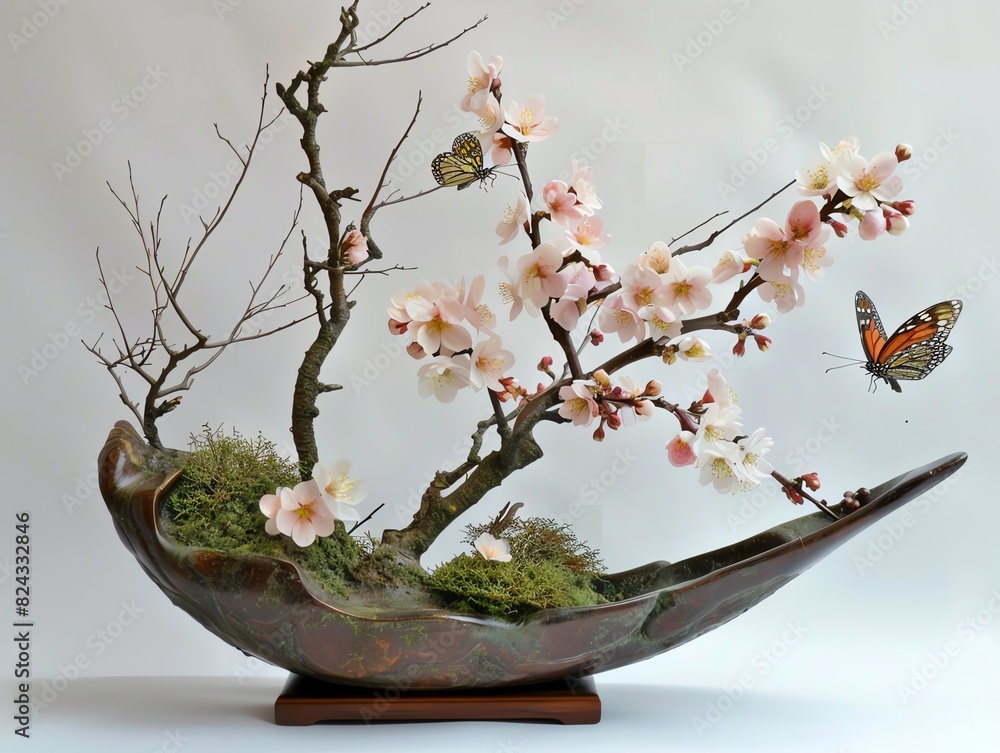 A springthemed ikebana with cherry blossoms and butterflies