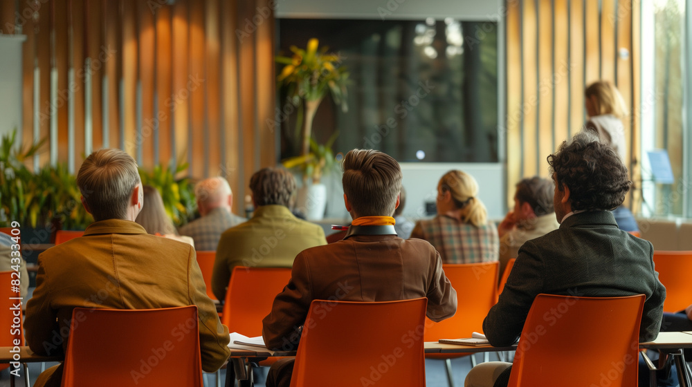 Obraz premium Behind the group of people sat in the seminar room
