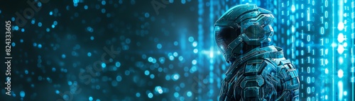 Futuristic soldier wearing advanced armor in a digital matrix background, representing sci-fi technology and cyber warfare. photo