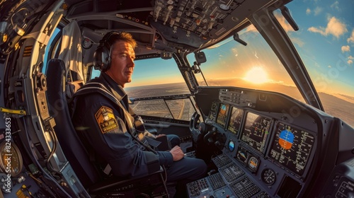 The picture of the professional pilot is piloting an airplane with terminal of the cockpit, the aircraft pilot require skills like flight planning, system management and regulations compliance. AIG43.