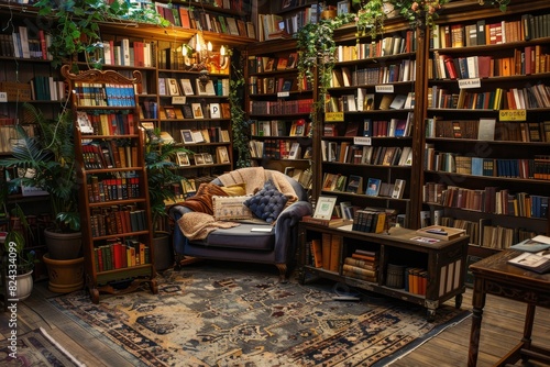 A cozy room filled with bookshelves and a comfortable chair generated by AI