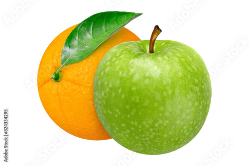 Apple and orange on isolated white background.