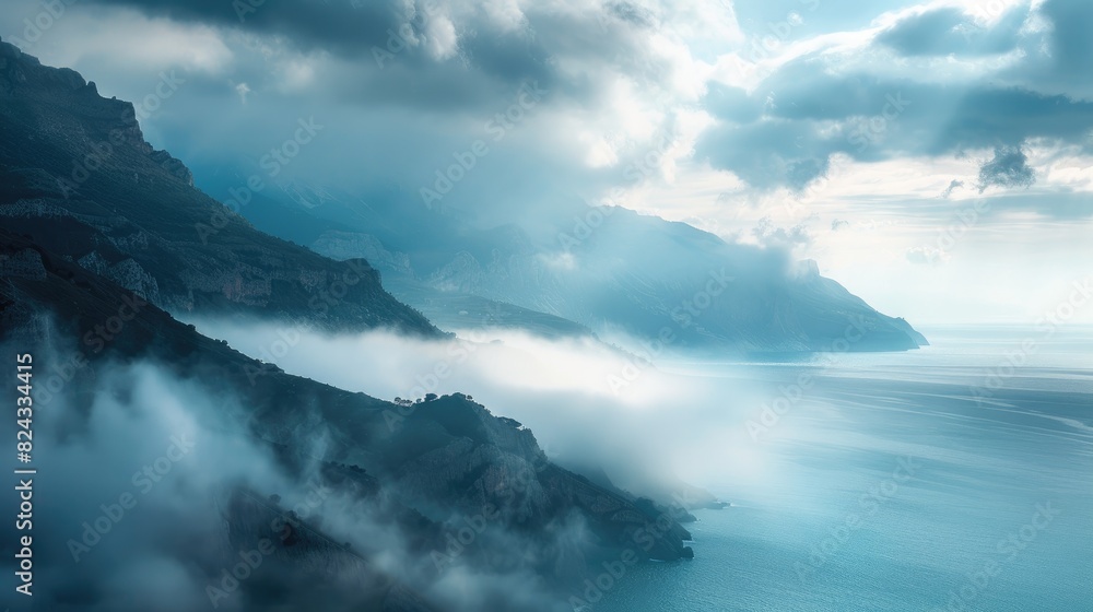 Mountains and Sea Covered by Dense Clouds and Enhanced by Evening s Light Mountains and Sea Covered by Dense Clouds and Enhanced by Evening s Light