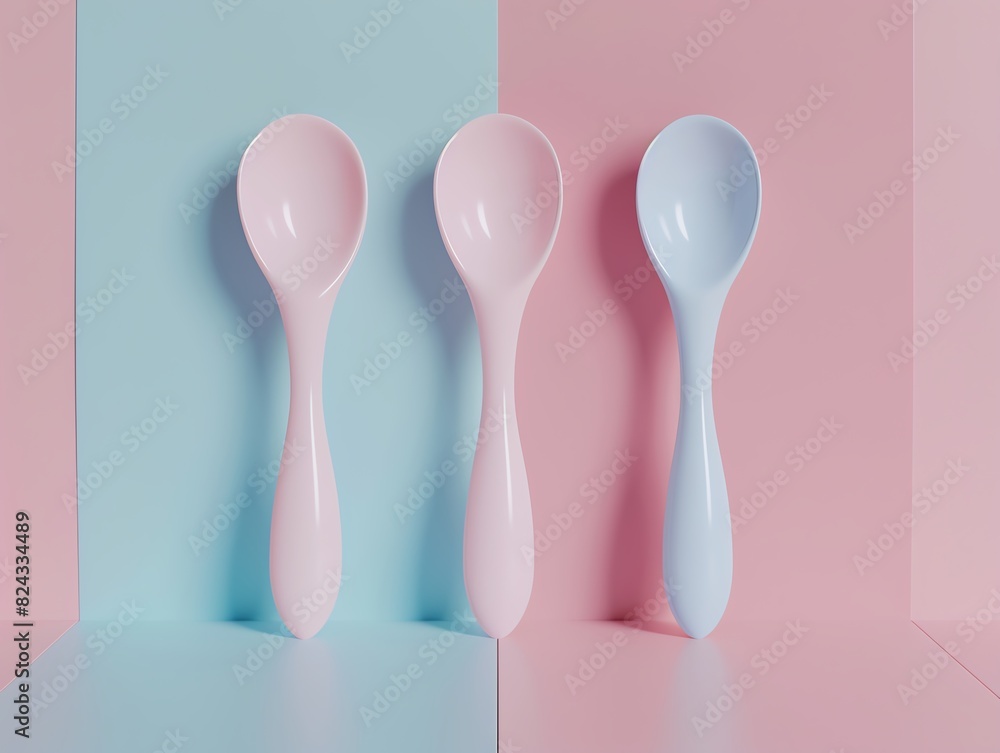 A realistic 3D render of a baby silicone spoon set