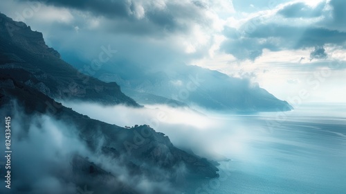 Mountains and Sea Covered by Dense Clouds and Enhanced by Evening s Light photo
