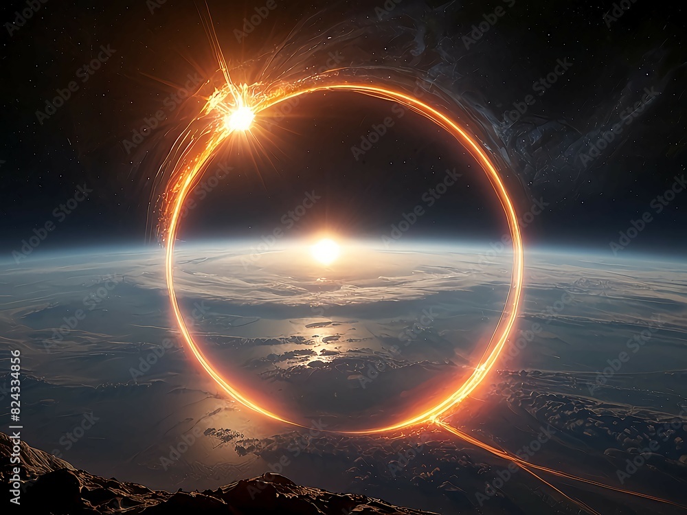 Orbital Aurora : A distant Earth, haloed by its thin atmosphere, basks in the sun’s radiant glow. Orbital Aurora : A distant Earth, haloed by its thin atmosphere, basks in the sun’s radiant glow.