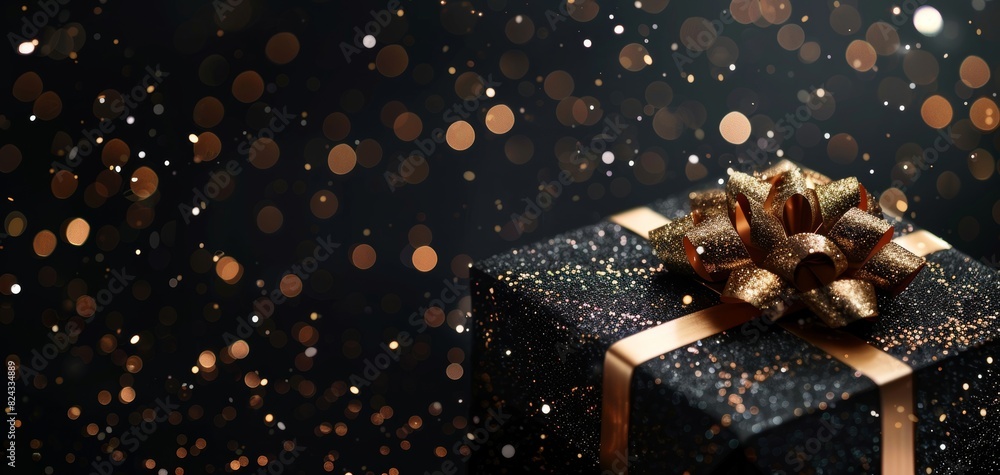 Luxury gift box, black and gold, black background, glitter sparkles, festive celebration, Black Friday concept, elegant design, sophisticated banner Luxury gift box, black and gold, black background, glitter sparkles, festive celebration, Black Friday concept, elegant design, sophisticated banner