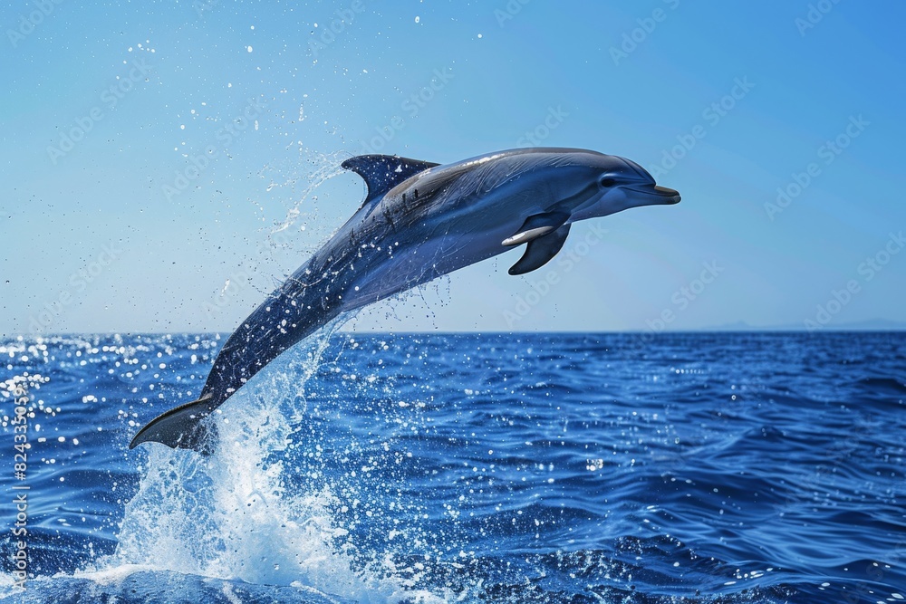 Fototapeta premium A graceful dolphin leaps out of the ocean, water droplets sparkling around it, against a clear blue sky, showcasing the beauty and agility of marine life
