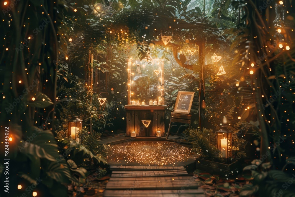 A fantasy scene with a house made of wood and mushrooms generated by AI A fantasy scene with a house made of wood and mushrooms generated by AI