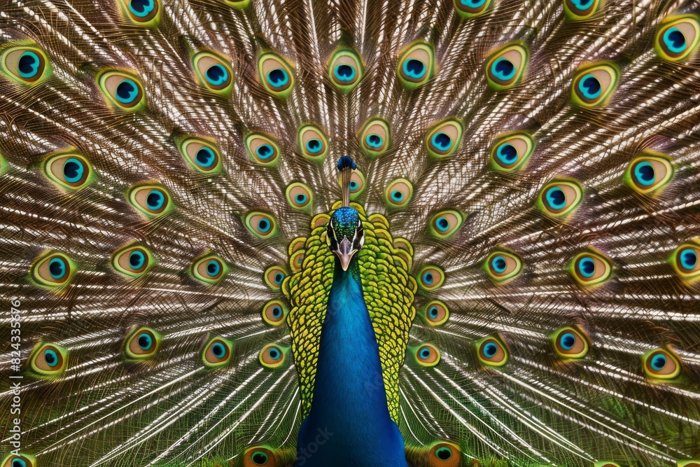 Fototapeta premium A peacock displays its magnificent tail feathers in a full fan, vibrant colors standing out against a simple backdrop