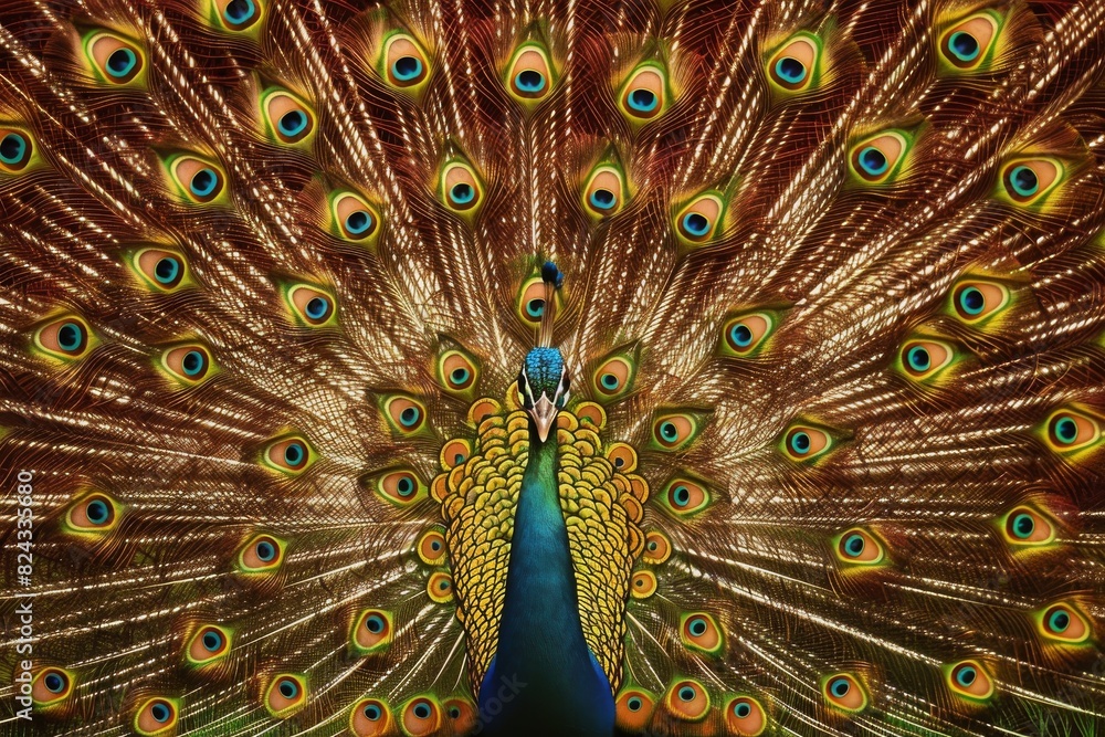 Fototapeta premium A peacock displays its magnificent tail feathers in a full fan, vibrant colors standing out against a simple backdrop