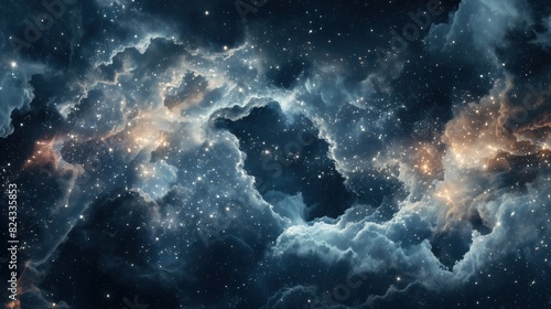  clouds dissipating to reveal a hidden cosmic gateway, with stars and nebulae visible through the gaps, blending digital and cosmic themes.  photo