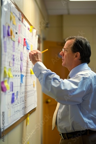 A manager in a well-lit office meticulously plans the weekâ€™s agenda using a large wall calendar and sticky notes, exemplifying organizational skills and attention to detail