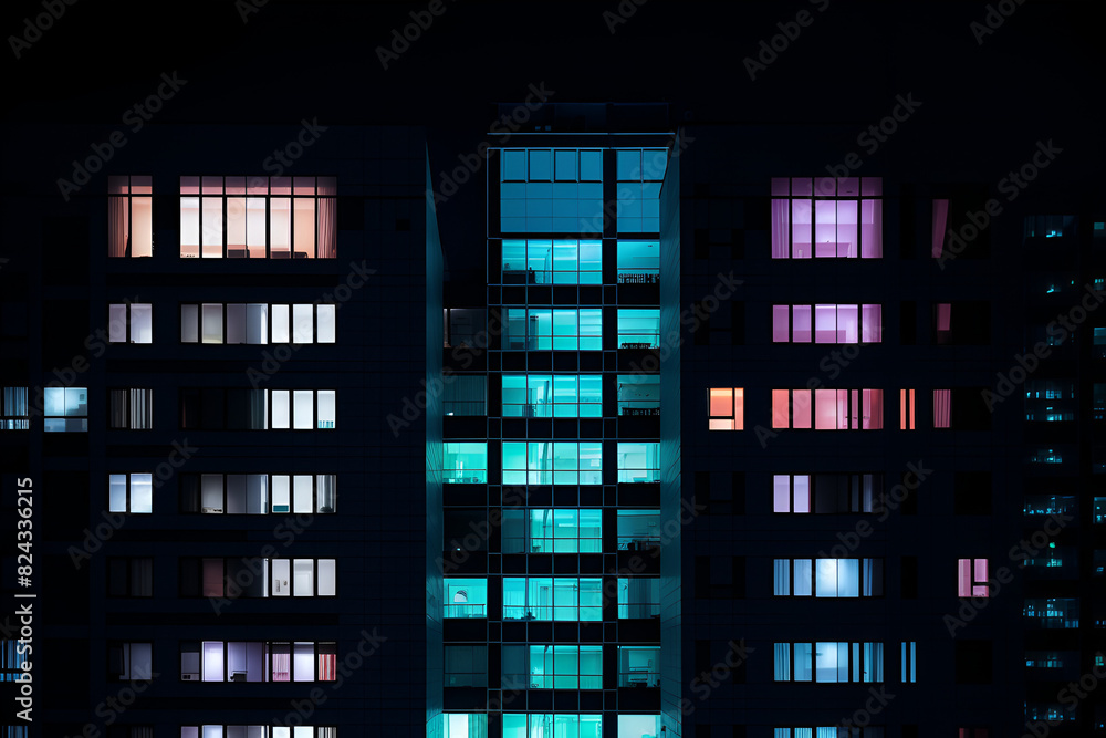 A minimalist cityscape at night with a few illuminated windows, crafted using Generative AI, emphasizing urban solitude and simplicity.