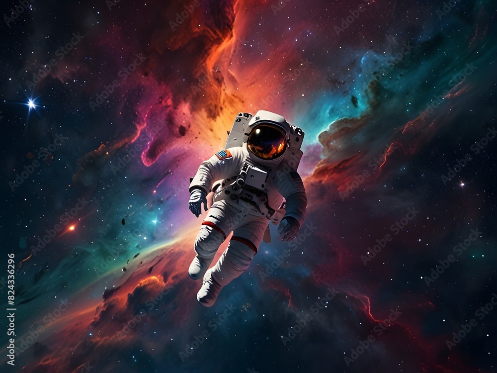 An astronaut floats weightlessly amidst the beauty of a colorful nebula. An astronaut floats weightlessly amidst the beauty of a colorful nebula.