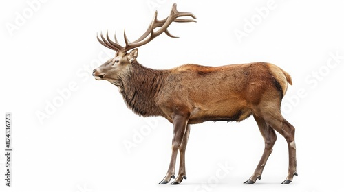 A majestic stag stands tall with antlers raised, breathing in the crisp air of the forest, isolated on a white background © tantawat