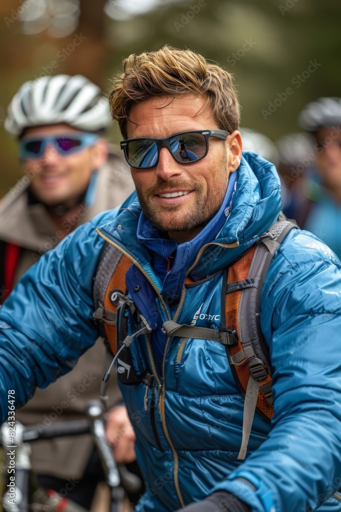 Close-up of a smiling male cyclist with sunglasses, surrounded by friends on a ride Close-up of a smiling male cyclist with sunglasses, surrounded by friends on a ride
