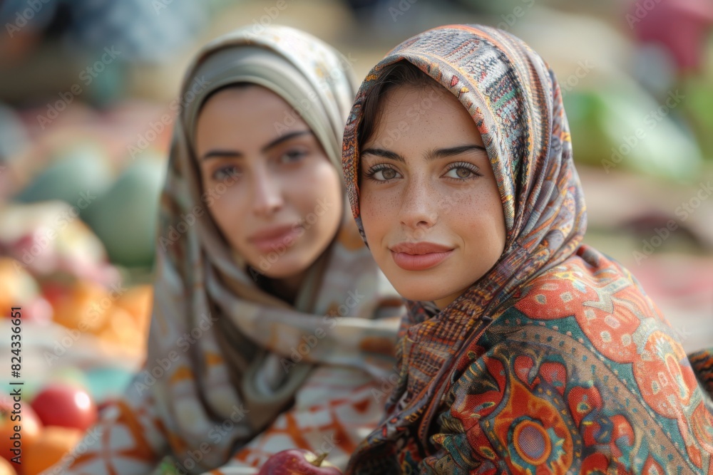 Two friends, one in a hijab, share a moment outdoors, surrounded by a colorful market backdrop. Two friends, one in a hijab, share a moment outdoors, surrounded by a colorful market backdrop.