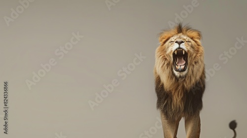 A majestic lion roars  its mouth wide open and mane flowing  set against a neutral backdrop