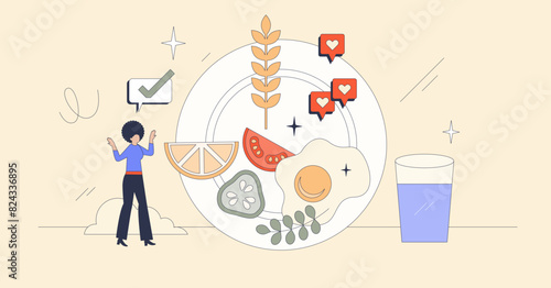 Healthy eating habits with nutritious food tiny person neubrutalism concept. Preparing balanced meal with wholegrain, vegetables, eggs and fresh ingredients vector illustration. Weight control. photo