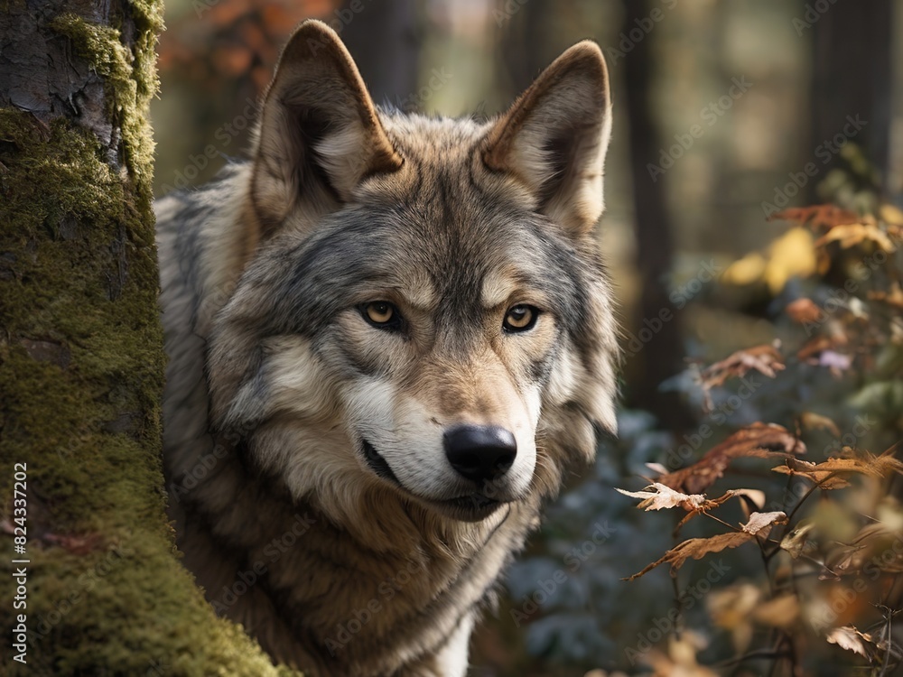 Fototapeta premium Grey wolf, close-up in the forest, blurred background, great lighting