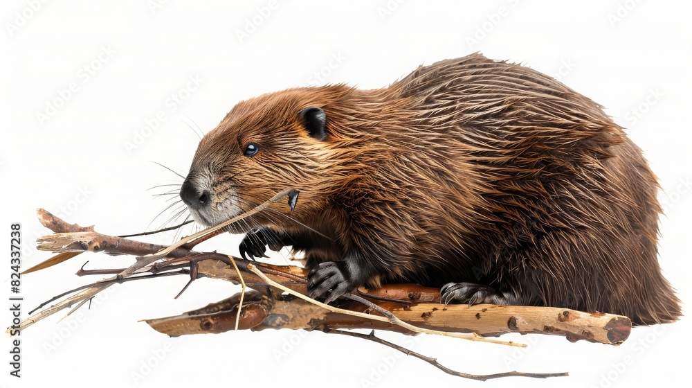 A beaver builds a dam, working diligently with sticks in its mouth, isolated on a plain background A beaver builds a dam, working diligently with sticks in its mouth, isolated on a plain background