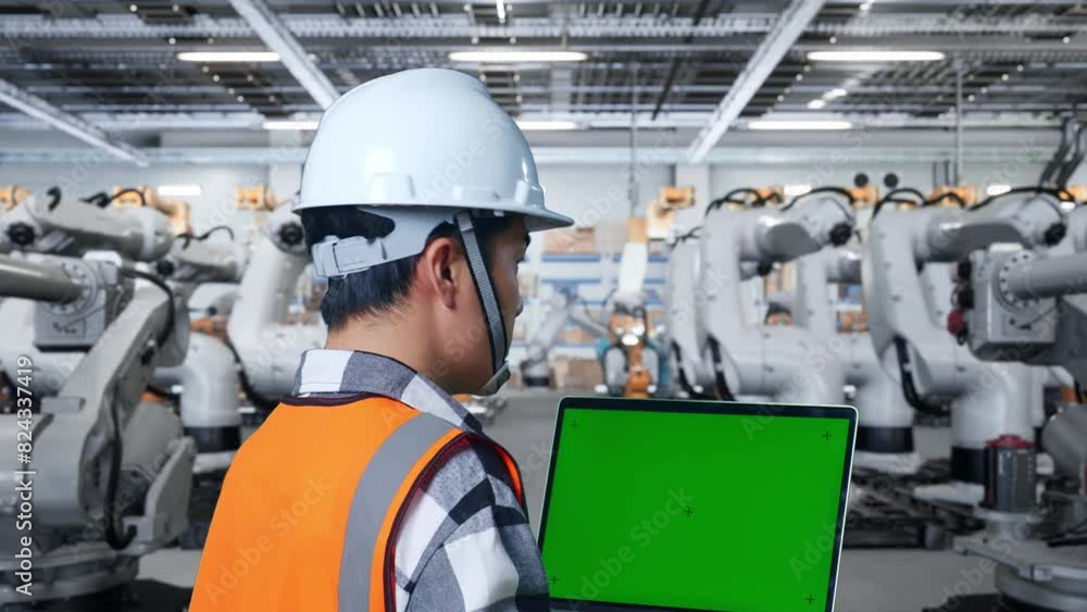 Close Up Back View Of Asian Male Engineer With Safety Helmet Working On A Green Screen Laptop And Looking Around While Standing With Robotic ArmsArm Close Up Back View Of Asian Male Engineer With Safety Helmet Working On A Green Screen Laptop And Looking Around While Standing With Robotic ArmsArm