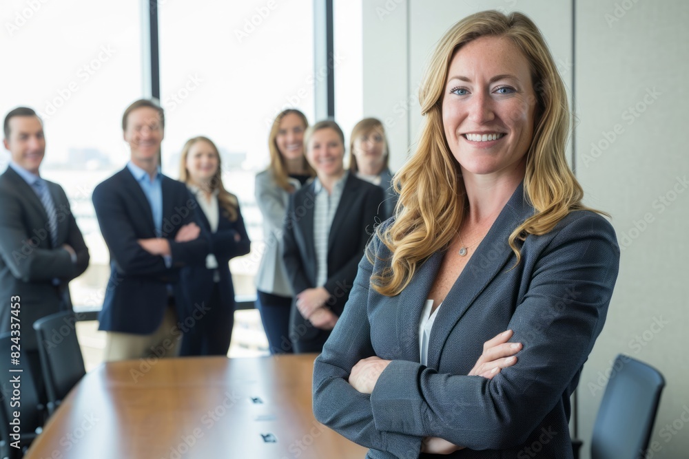 Young successful businesswoman at corporate office looking at camera. Smile and give off a confident look Young successful businesswoman at corporate office looking at camera. Smile and give off a confident look