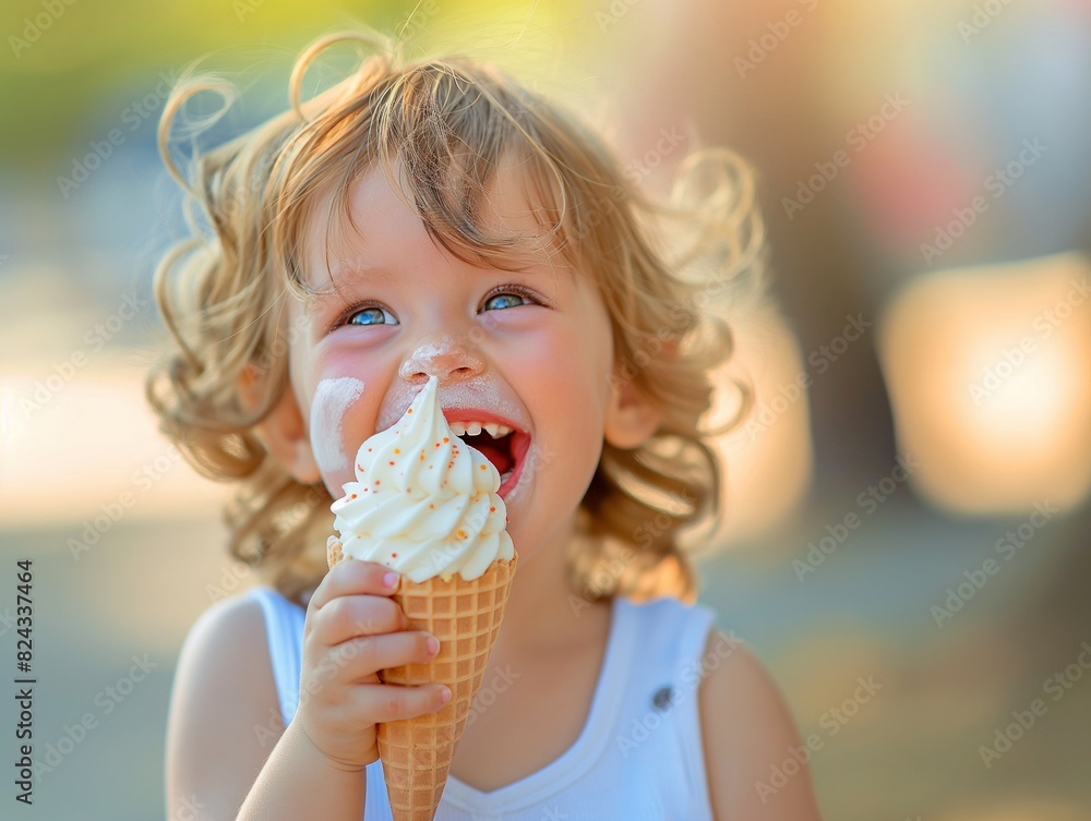 Joyful Child Eating a Soft-Serve Ice Cream Cone Outdoors Joyful Child Eating a Soft-Serve Ice Cream Cone Outdoors