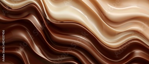 Dark and milk chocolate texture, creamy cocoa waves, coffee undertones, liquid swirl background, abstract chocolate design