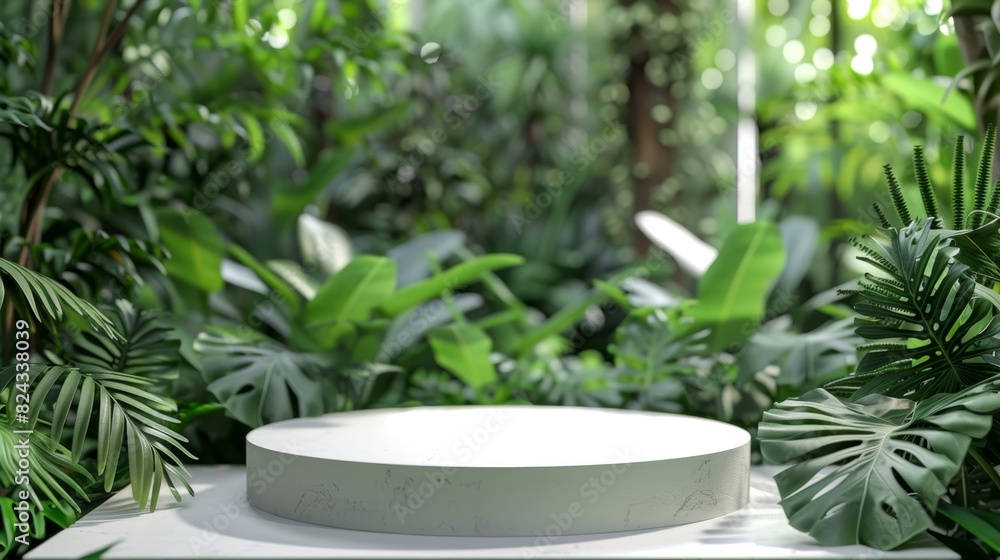 A white circular pedestal surrounded by lush green foliage in a vibrant, natural outdoor setting, perfect for presentations and product displays. A white circular pedestal surrounded by lush green foliage in a vibrant, natural outdoor setting, perfect for presentations and product displays.