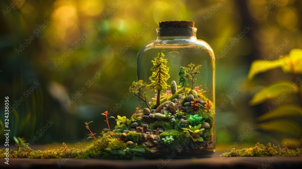 Enchanted miniature forest within a glass bottle with a lid, isolated background, studio lighting capturing the intricate details of the tiny landscape Enchanted miniature forest within a glass bottle with a lid, isolated background, studio lighting capturing the intricate details of the tiny landscape