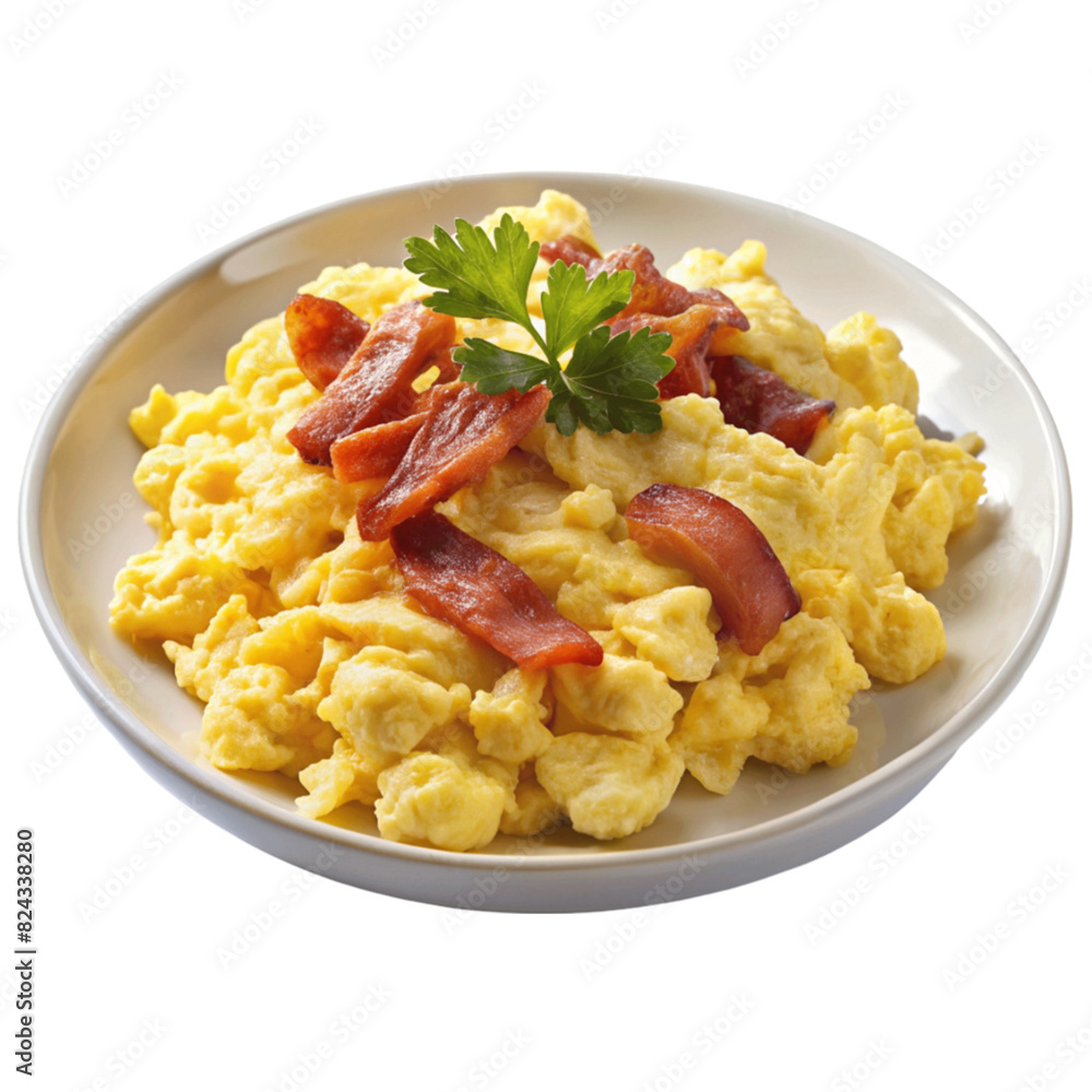A plate of fluffy scrambled eggs with bacon isolated on Transparent background. A plate of fluffy scrambled eggs with bacon isolated on Transparent background.