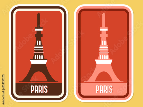 Travel and explore the Paris Eiffel Tower flat abstract retro vector sticker illustration