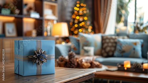 Elegant blue gift box on a wooden table  surrounded by a filled living room  close-up highlighting the details and cozy atmosphere