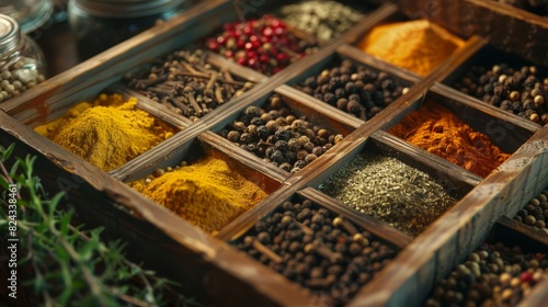 Detailed close-up of a wooden box filled with various spices and herbs, capturing rich colors and textures, ideal for culinary advertising
