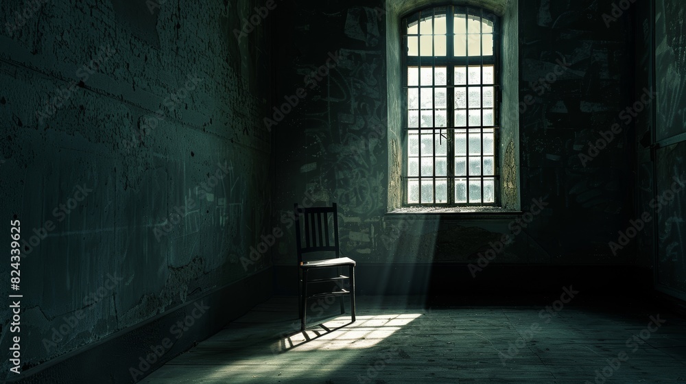 Dark, atmospheric room with a single chair under a barred window, perfect for interior design themes focused on mood and shadow Dark, atmospheric room with a single chair under a barred window, perfect for interior design themes focused on mood and shadow