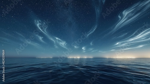 The sea under a starlit sky with wispy clouds reflecting the glow of the distant city lights on the horizon. photo