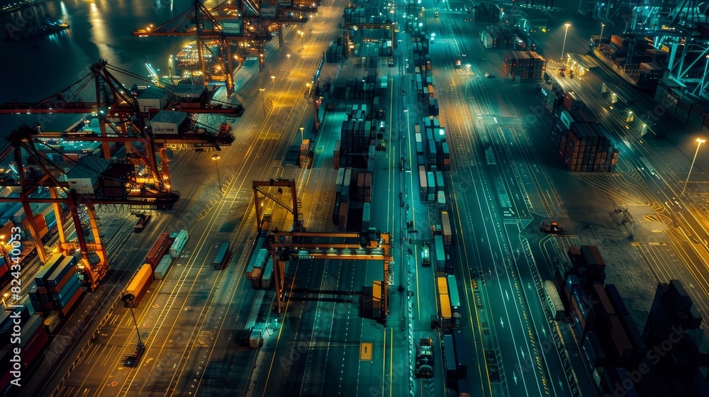 Container terminal at night seen from above, moonlight casting a glow over the terminal, vibrant lights and organized layout visible