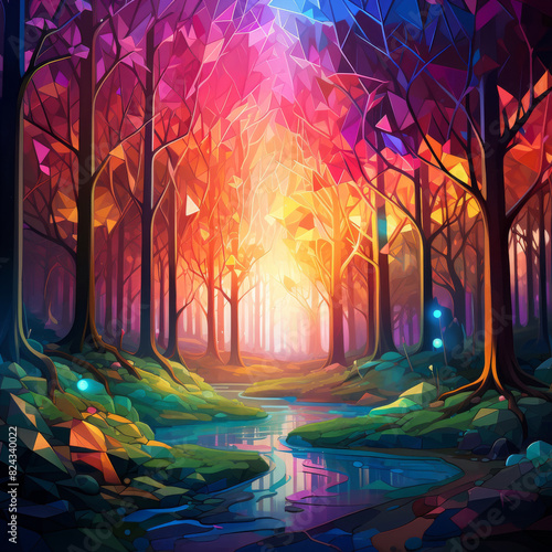 Low poly artwork, A mystical bioluminescent forest with plants that glow in every color of the rainbow, and a serene stream reflecting the sunset light.