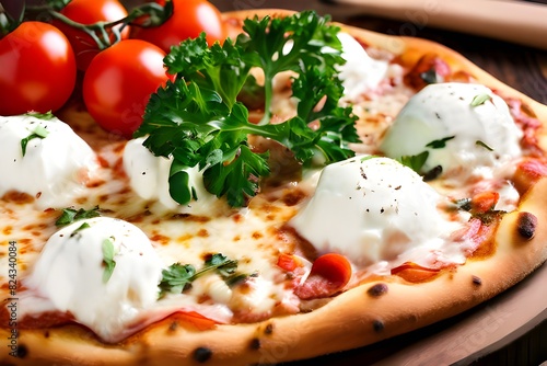 Pizza with mozzarella cheese, tomatoes and parsley on a wooden background