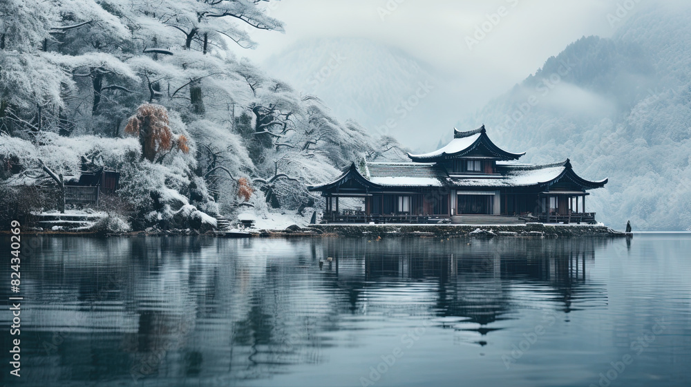 Obraz premium Beautiful Chinese Cultured River Front House With Reflect in Water Winter Landscape Background