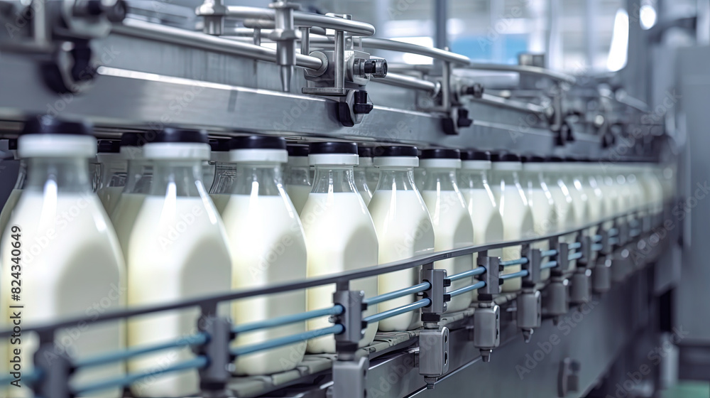 Glass Bottles with A Dairy Product On A Production Line Dairy Plant Production Line on Blurry Background Glass Bottles with A Dairy Product On A Production Line Dairy Plant Production Line on Blurry Background
