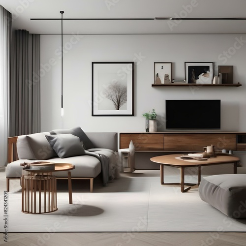 Modern minimalist living room with white walls and wooden furniture1