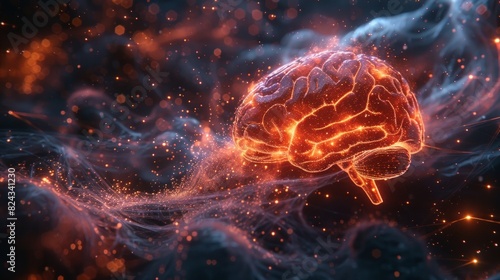 a dynamic digital illustration representing the relationship between the human brain, AI Generative
